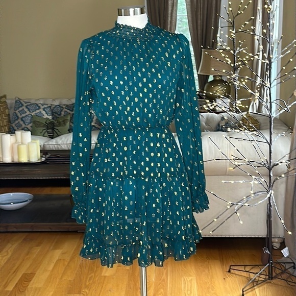 OPT Green Gold Mock Neck Mini Dress XS - Picture 2 of 11
